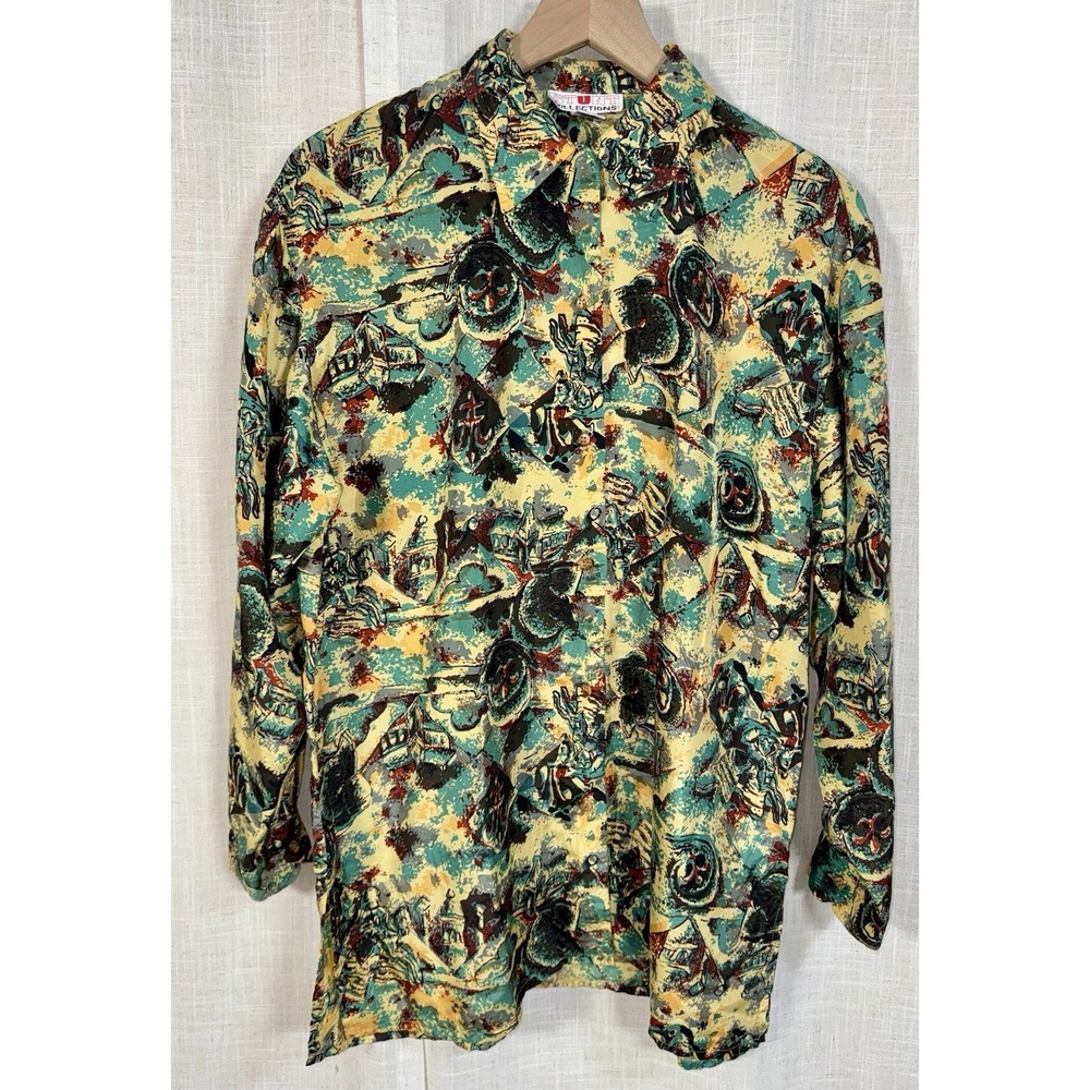 Vintage Stunt Collections 100% Silk Sz S Abstract All Over Print Button Up Shirt